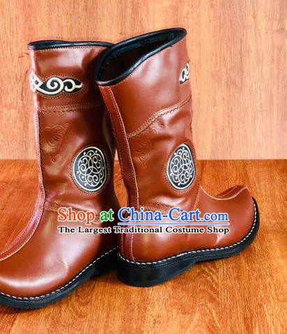 Traditional Chinese Mongol Nationality Orange Shoes Mongolian Minority Folk Dance Leather Boots for Men