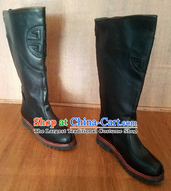 Traditional Chinese Mongol Nationality Black Leather High Boots Mongolian Minority Folk Dance Shoes for Men