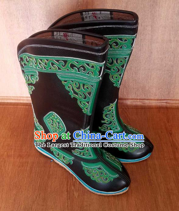 Traditional Chinese Mongol Ethnic Handmade Black Leather Boots Mongolian Minority Folk Dance Shoes for Men