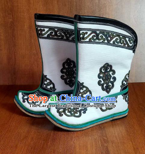 Traditional Chinese Mongol Ethnic Embroidered White Leather Boots Mongolian Minority Folk Dance Shoes for Kids