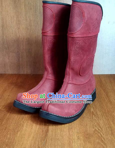 Traditional Chinese Mongol Ethnic Red Leather Boots Mongolian Minority Folk Dance Handmade Shoes for Men