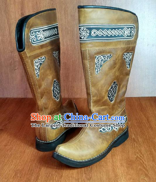 Traditional Chinese Mongol Ethnic Ginger Leather High Boots Mongolian Minority Folk Dance Handmade Shoes for Men