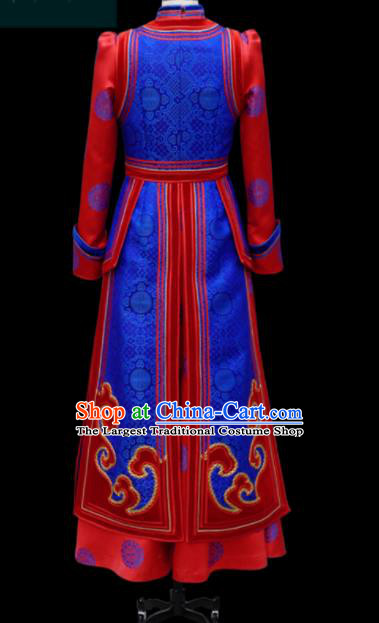 Traditional Chinese Mongol Ethnic Bride Royalblue Dress Mongolian Minority Folk Dance Embroidered Costume for Women