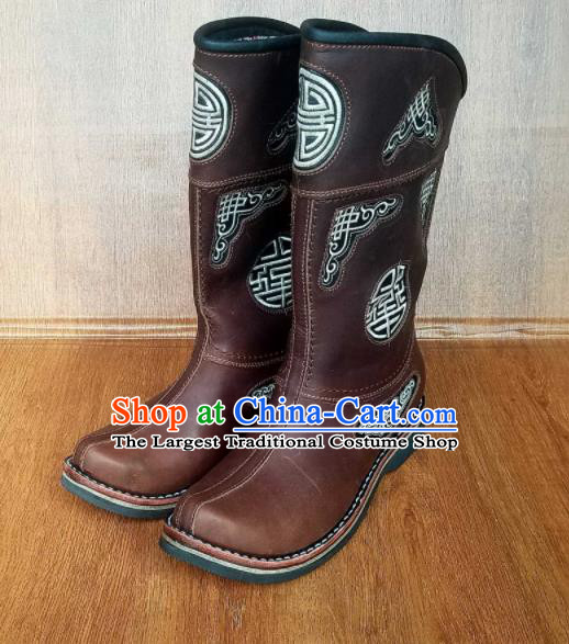 Traditional Chinese Mongol Ethnic Brown Leather Boots Mongolian Minority Folk Dance Handmade Shoes for Men