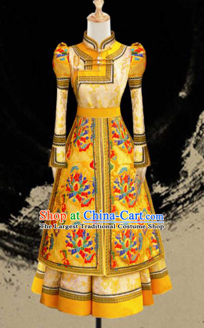 Traditional Chinese Mongol Ethnic Bride Golden Dress Mongolian Minority Folk Dance Embroidered Costume for Women