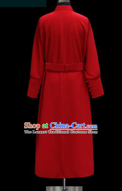 Chinese Traditional Mongol Ethnic Wedding Red Robe Mongolian Minority Folk Dance Costume for Men