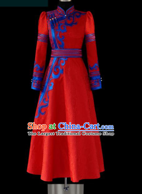 Traditional Chinese Mongol Ethnic Wedding Red Dress Mongolian Minority Folk Dance Embroidered Costume for Women