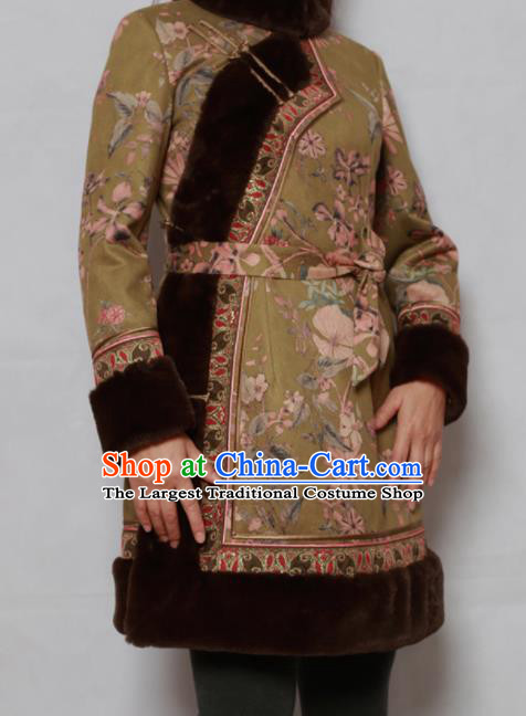 Traditional Chinese Mongol Ethnic Olive Green Cotton Wadded Jacket Mongolian Minority Folk Dance Costume for Women