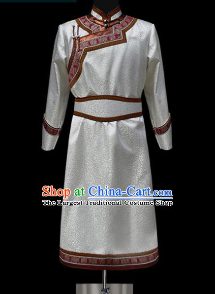 Chinese Traditional Mongol Ethnic Wedding White Robe Mongolian Minority Folk Dance Costume for Men