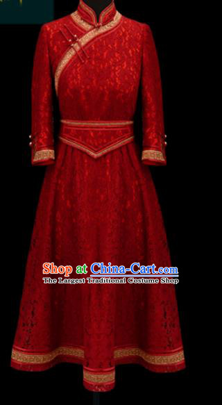 Traditional Chinese Mongol Ethnic Red Lace Dress Mongolian Minority Folk Dance Embroidered Costume for Women