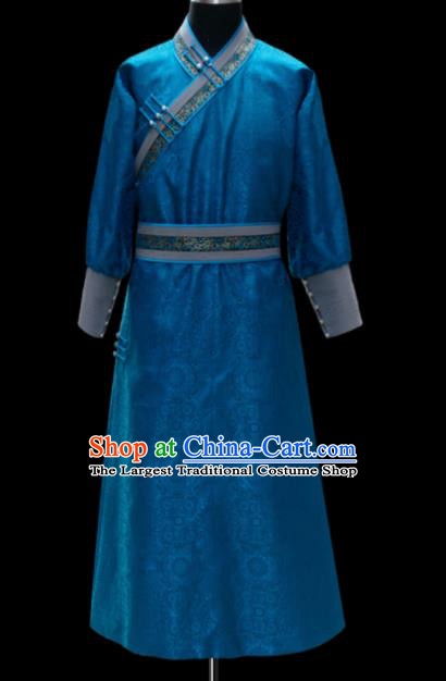 Chinese Traditional Mongol Ethnic National Blue Robe Mongolian Minority Folk Dance Costume for Men