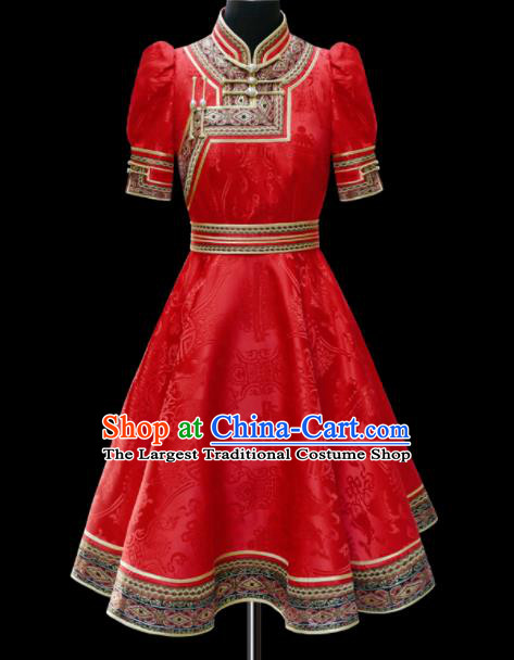 Traditional Chinese Mongol Ethnic National Red Brocade Dress Mongolian Minority Folk Dance Costume for Women