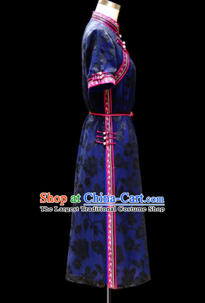Traditional Chinese Mongol Ethnic National Blue Lace Dress Mongolian Minority Folk Dance Costume for Women