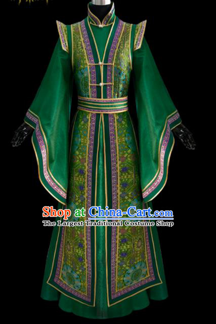 Traditional Chinese Mongol Ethnic National Green Brocade Dress Mongolian Minority Folk Dance Costume for Women
