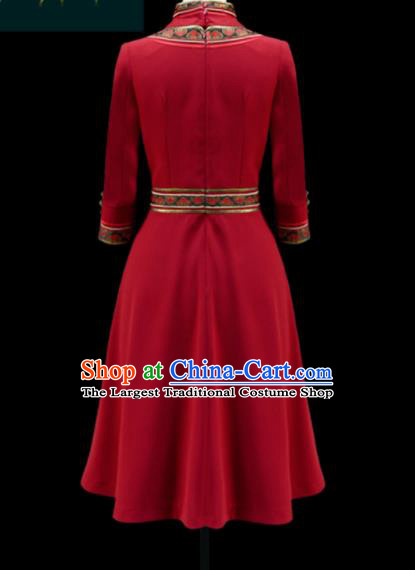 Traditional Chinese Mongol Ethnic Red Dress Mongolian Minority Folk Dance Embroidered Costume for Women