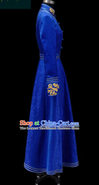 Traditional Chinese Mongol Ethnic Royalblue Dress Mongolian Minority Folk Dance Embroidered Costume for Women
