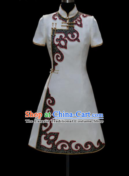 Traditional Chinese Mongol Ethnic National White Short Dress Mongolian Minority Folk Dance Costume for Women