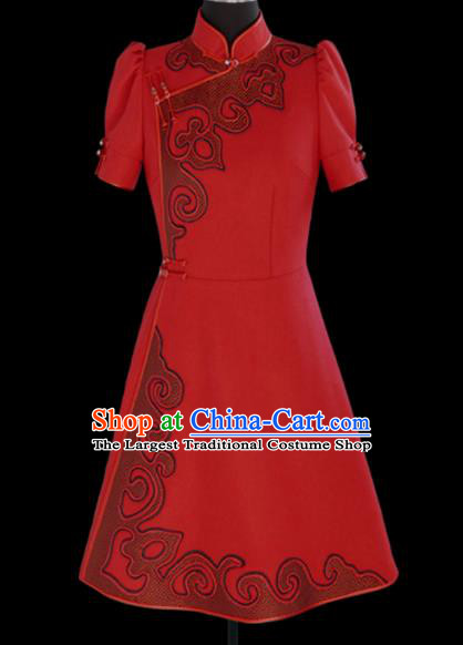 Traditional Chinese Mongol Ethnic National Red Short Dress Mongolian Minority Folk Dance Costume for Women