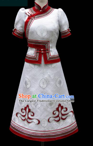 Traditional Chinese Mongol Ethnic National White Dress Mongolian Minority Folk Dance Costume for Women