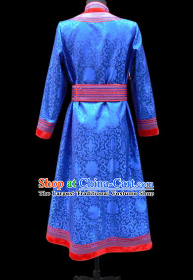 Chinese Traditional Mongol Ethnic National Blue Brocade Robe Mongolian Minority Folk Dance Costume for Men