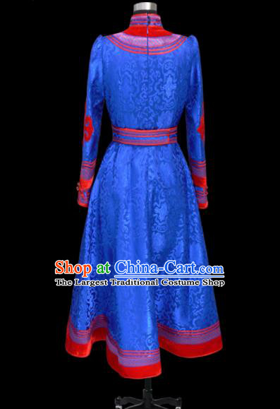 Traditional Chinese Mongol Ethnic National Royalblue Brocade Dress Mongolian Minority Folk Dance Costume for Women