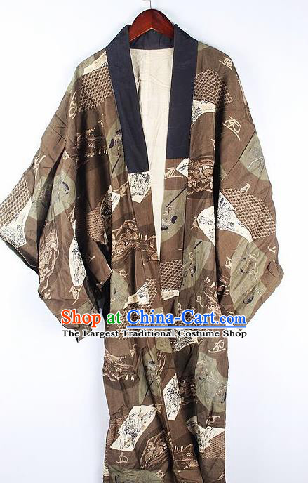 Japanese Traditional Printing Orchid Brown Kimono Asian Japan National Yukata Costume for Men
