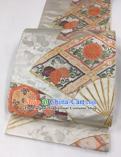 Japanese Kimono Classical Chrysanthemum Pattern Argent Brocade Belt Asian Japan Traditional National Yukata Waistband for Women