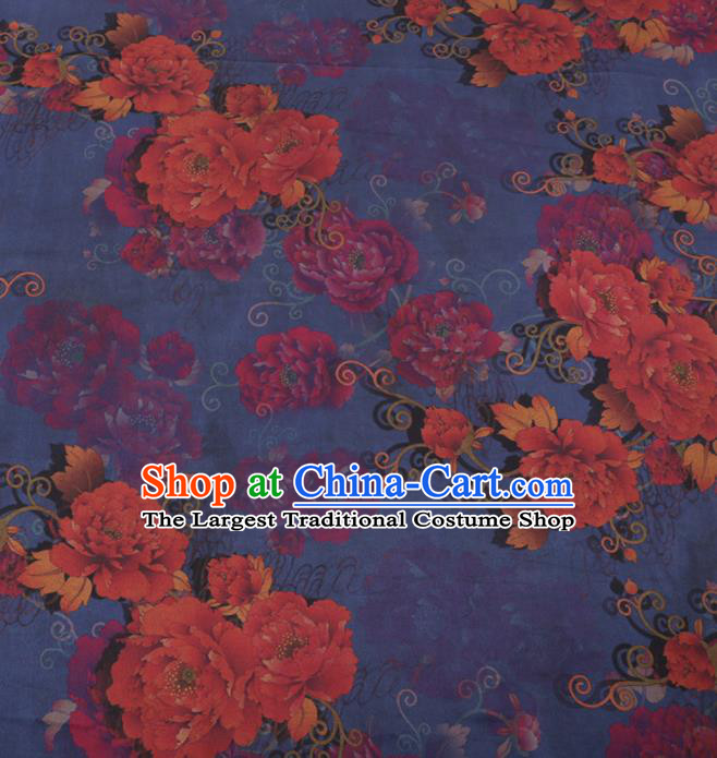 Traditional Chinese Classical Peony Flowers Pattern Design Navy Gambiered Guangdong Gauze Asian Brocade Silk Fabric