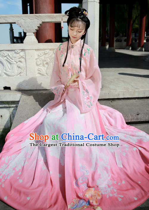 Ancient Chinese Nobility Lady Pink Hanfu Dress Traditional Ming Dynasty Embroidered Replica Costume for Women