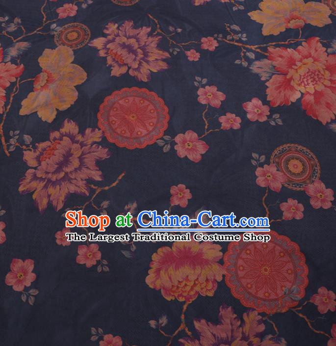 Traditional Chinese Classical Peony Pattern Design Navy Gambiered Guangdong Gauze Asian Brocade Silk Fabric