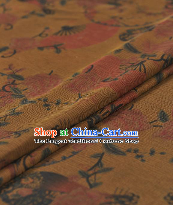 Chinese Traditional Classical Fan Pattern Design Yellow Gambiered Guangdong Gauze Asian Brocade Silk Fabric
