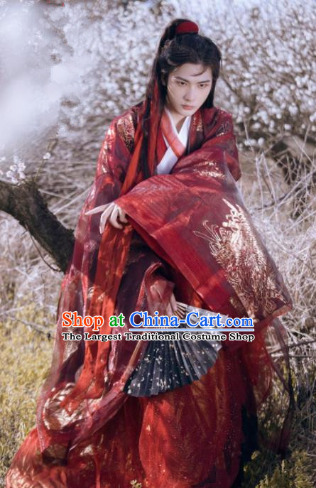 Chinese Ancient Jin Dynasty Nobility Childe Red Hanfu Clothing Traditional Swordsman Embroidered Replica Costume for Men