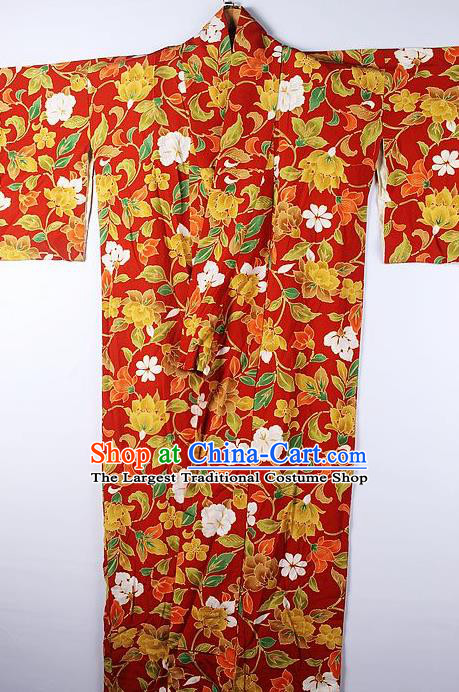 Asian Japanese National Printing Hibiscus Red Furisode Kimono Ceremony Costume Traditional Japan Yukata Dress for Women