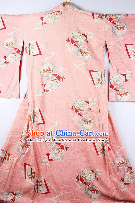 Asian Japanese National Printing Pink Furisode Kimono Ceremony Costume Traditional Japan Yukata Dress for Women