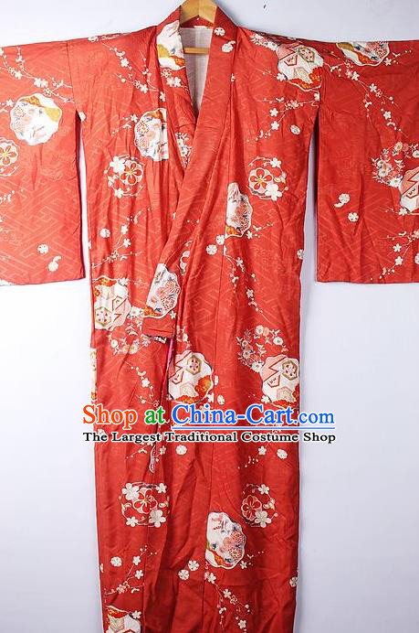 Asian Japanese National Printing Sakura Red Furisode Kimono Ceremony Costume Traditional Japan Yukata Dress for Women