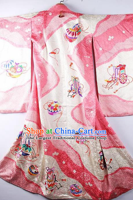Asian Japanese Printing Pink Iromuji Furisode Kimono Ceremony Costume Traditional Japan Yukata Dress for Women