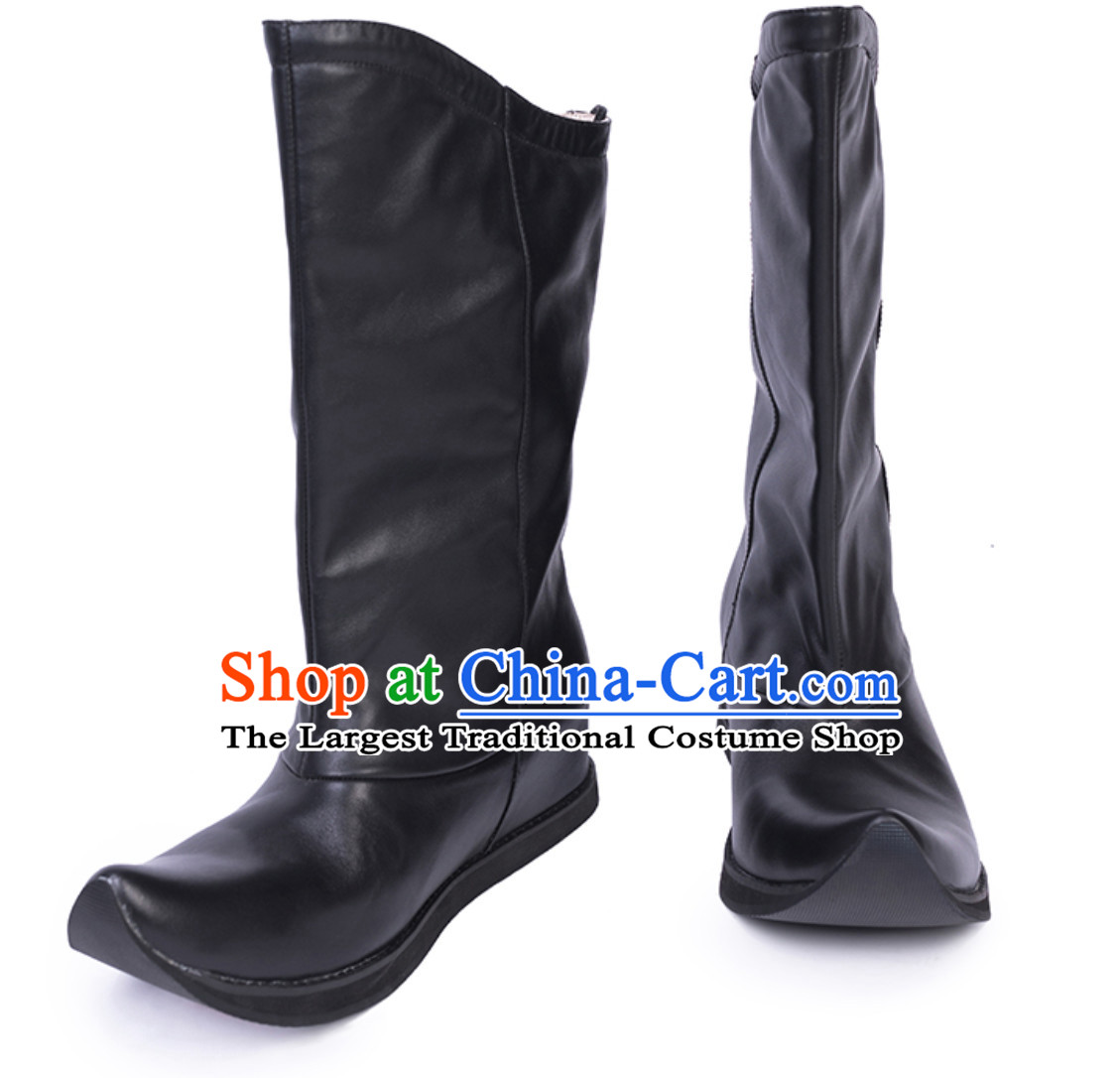 Ancient Chinese Style Long Black Leather Boots