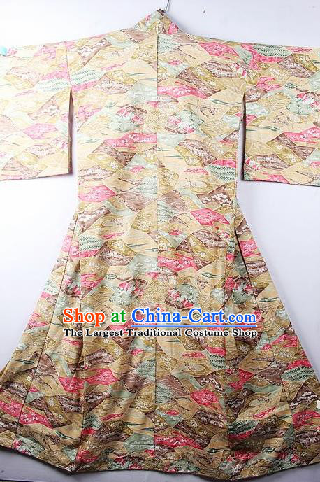 Asian Japanese Palace Classical Sakura Pattern Yellow Furisode Kimono Ceremony Costume Traditional Japan Yukata Dress for Women