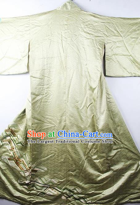 Asian Japanese Palace Classical Pattern Green Furisode Kimono Ceremony Costume Traditional Japan Yukata Dress for Women