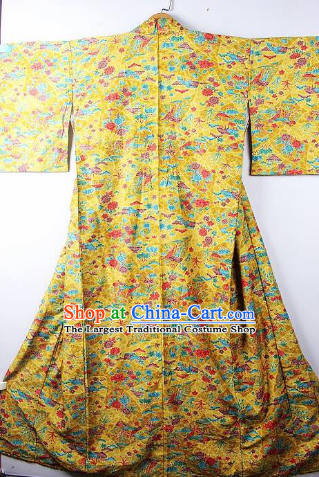 Asian Japanese Palace Classical Flowers Pattern Yellow Furisode Kimono Ceremony Costume Traditional Japan Yukata Dress for Women