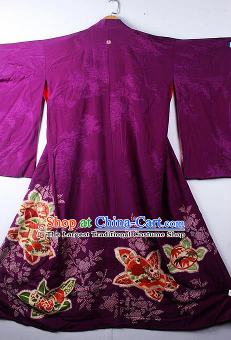 Asian Japanese Palace Classical Peony Pattern Purple Furisode Kimono Ceremony Costume Traditional Japan Yukata Dress for Women