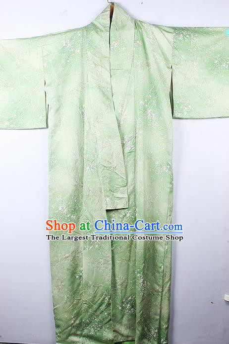 Asian Japanese Palace Pattern Green Furisode Kimono Traditional Japan Yukata Dress for Women