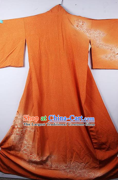 Asian Japanese Palace Daisy Pattern Orange Furisode Kimono Traditional Japan Yukata Dress for Women