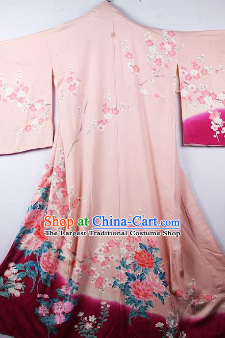 Asian Japanese Palace Peony Plum Pattern Pink Furisode Kimono Traditional Japan Yukata Dress for Women