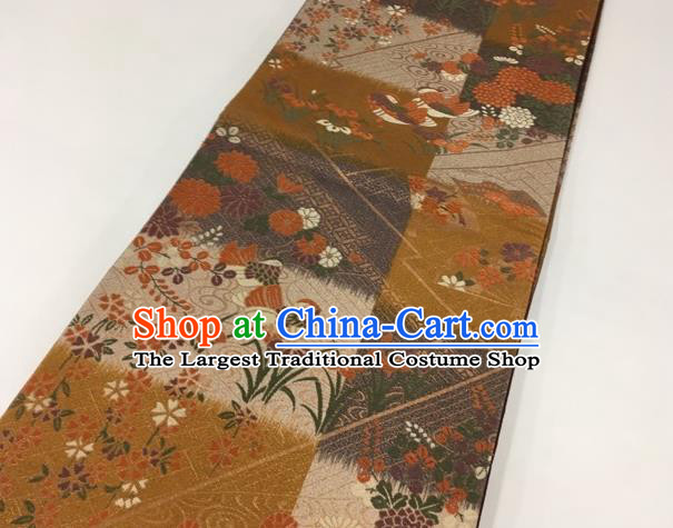 Japanese Traditional Classical Mandarin Duck Chrysanthemum Pattern Golden Waistband Kimono Brocade Accessories Asian Japan Yukata Belt for Women