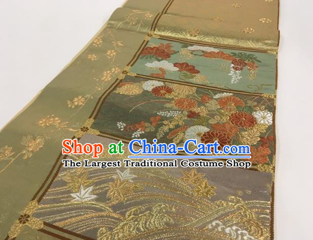 Japanese Traditional Classical Chrysanthemum Pattern Olive Green Waistband Kimono Brocade Accessories Asian Japan Yukata Belt for Women