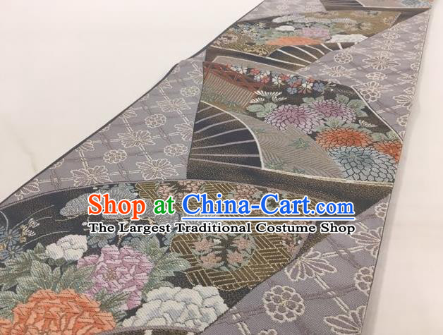 Japanese Traditional Classical Peony Pattern Grey Waistband Kimono Brocade Accessories Asian Japan Yukata Belt for Women