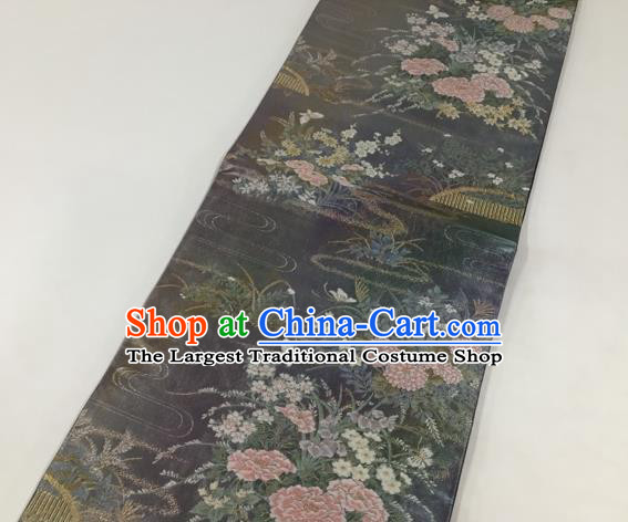 Japanese Traditional Classical Peony Pattern Deep Grey Waistband Kimono Brocade Accessories Asian Japan Yukata Belt for Women