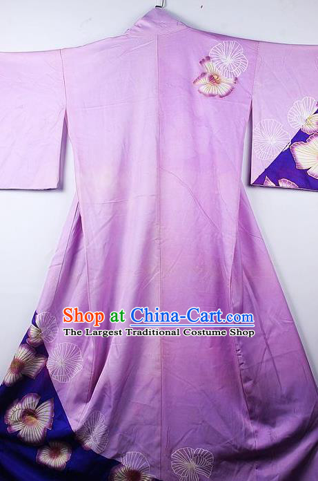 Asian Japanese Palace Phalaenopsis Pattern Purple Furisode Kimono Traditional Japan Yukata Dress for Women