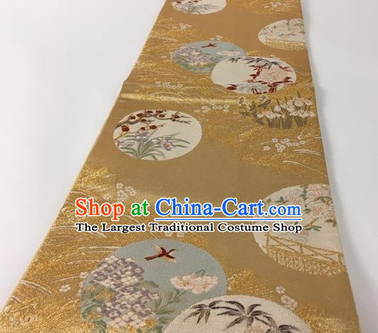Japanese Traditional Classical Plum Orchid Pattern Golden Waistband Kimono Brocade Accessories Asian Japan Yukata Belt for Women